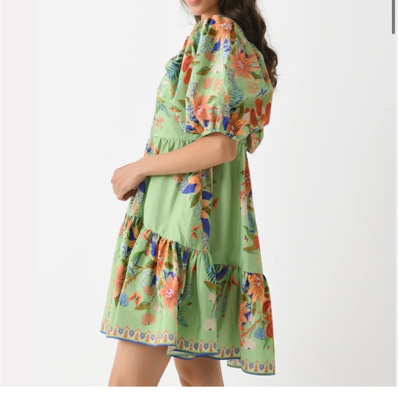 Farm Rio Green Puff Sleeve Bright Yard Mini Dress - Picture 3 of 10